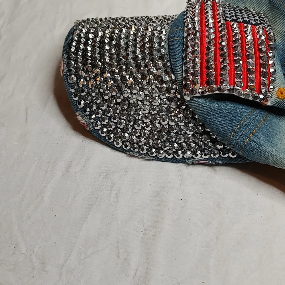 Bling American Flag Denim Distressed Jean Cap USA Hat - Picture 7 of 11